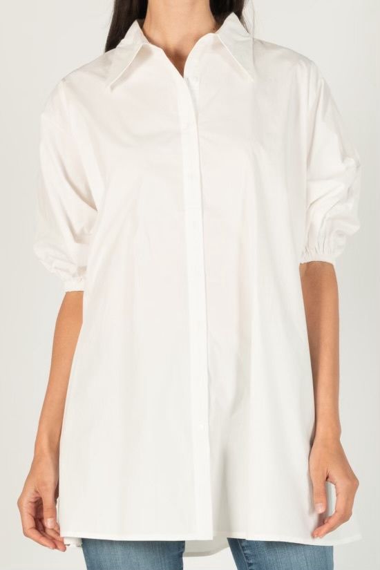 Before You White Poplin Puff Sleeve Side Slit Button Up Tunic