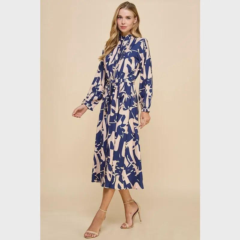 Navy Abstract Print Button Down Midi Dress