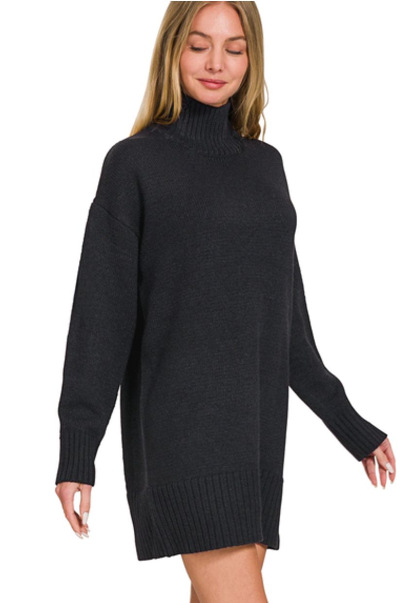 Zenana Black Turtle Neck Long Sleeve Mini Sweater Dress