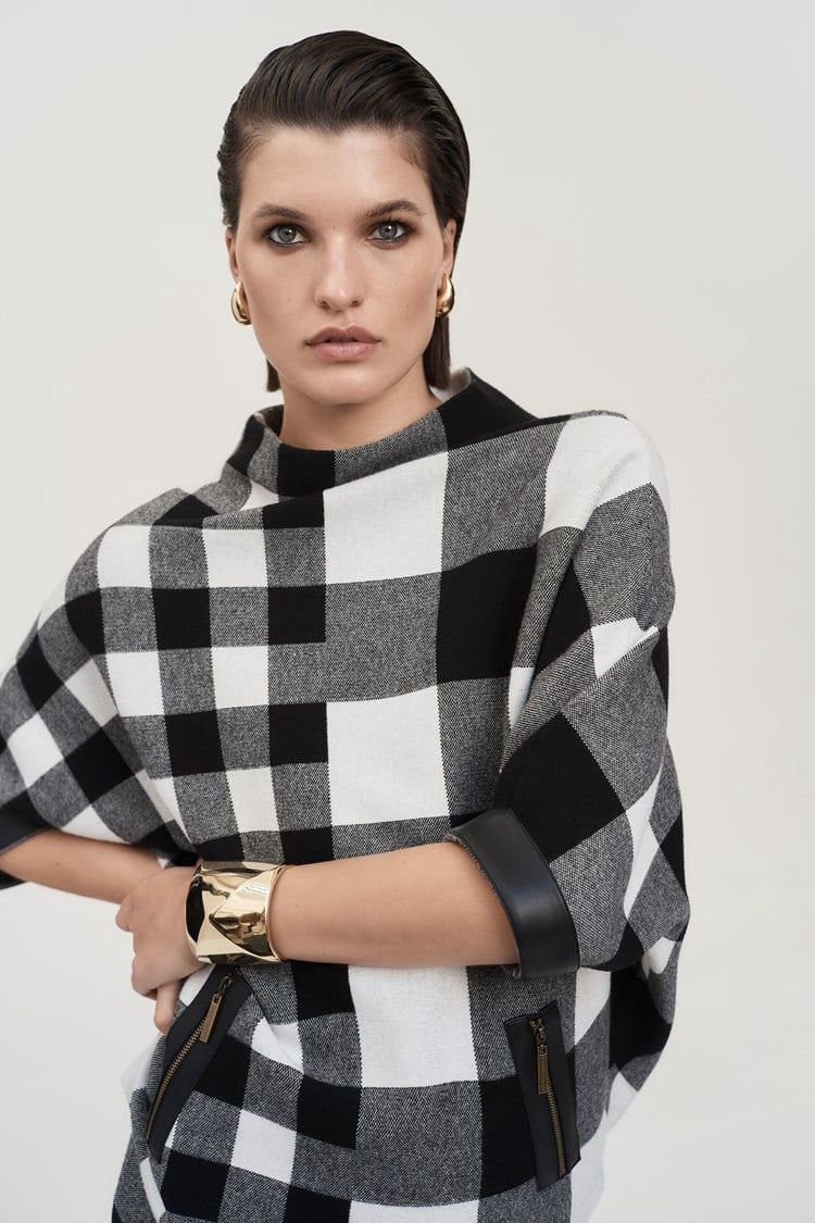 Joseph Ribkoff Black/Vanilla Plaid Jacquard Knit Sweater
