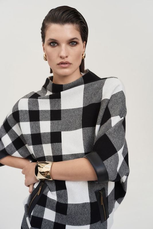 Joseph Ribkoff Black/Vanilla Plaid Jacquard Knit Sweater