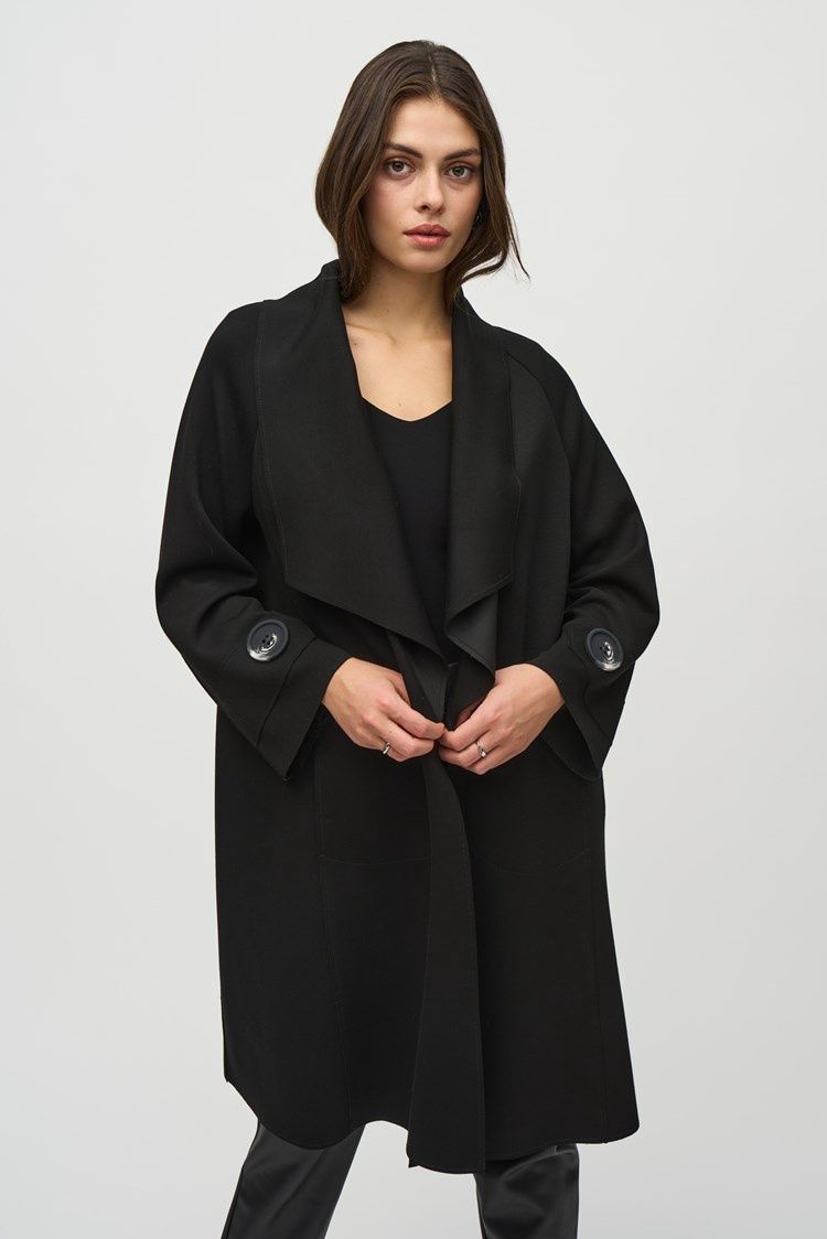 Joseph Ribkoff Black Scuba Jersey Shawl Collar Coat