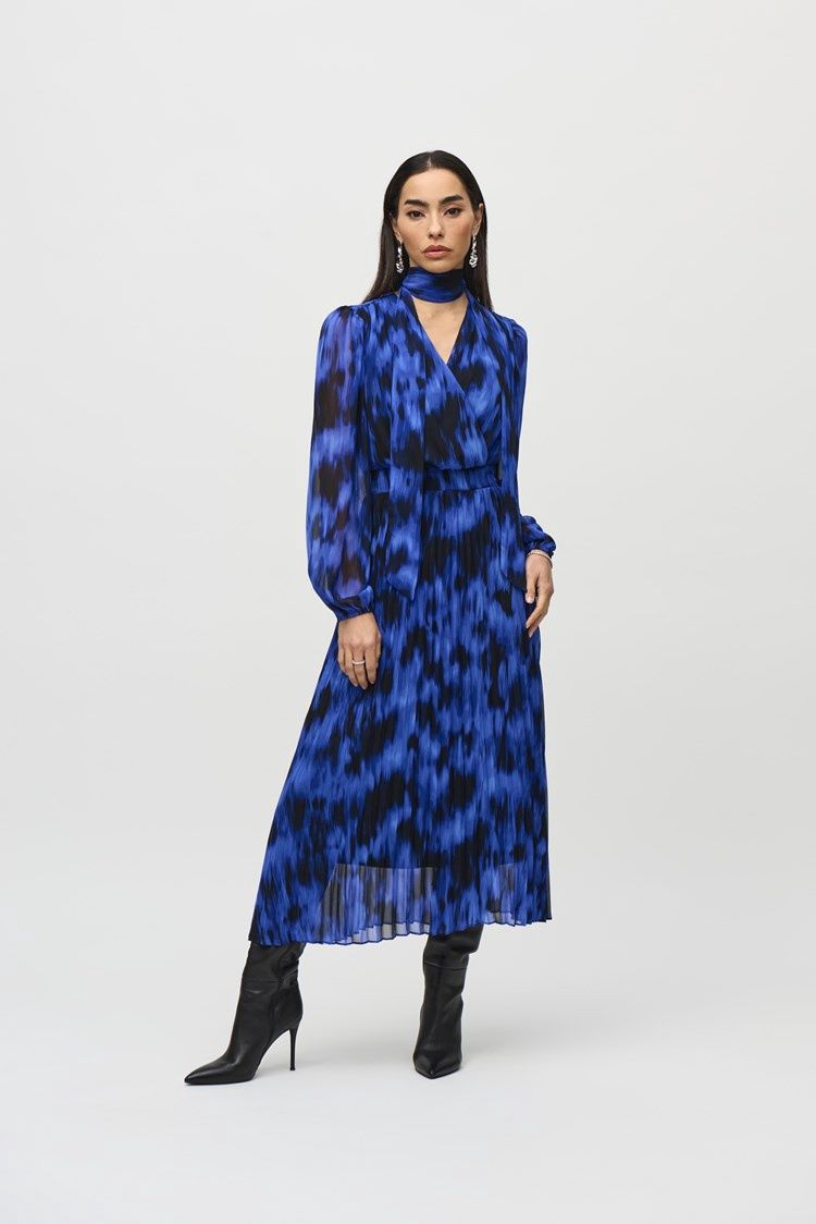 Joseph Ribkoff Royal Sapphire/Multi Chiffon Abstract Print Midi Dress