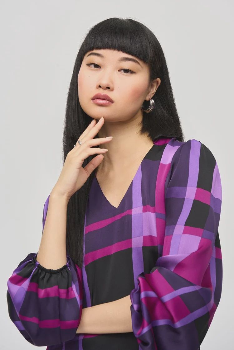 Joseph Ribkoff Purple/Black Satin Abstract Plaid Print Top