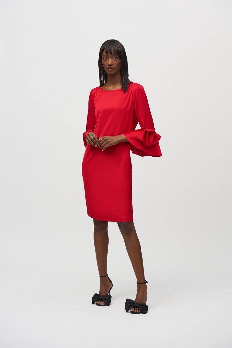 Joseph Ribkoff Lipstick Red Satin Ruffle Sleeve Straight Dress