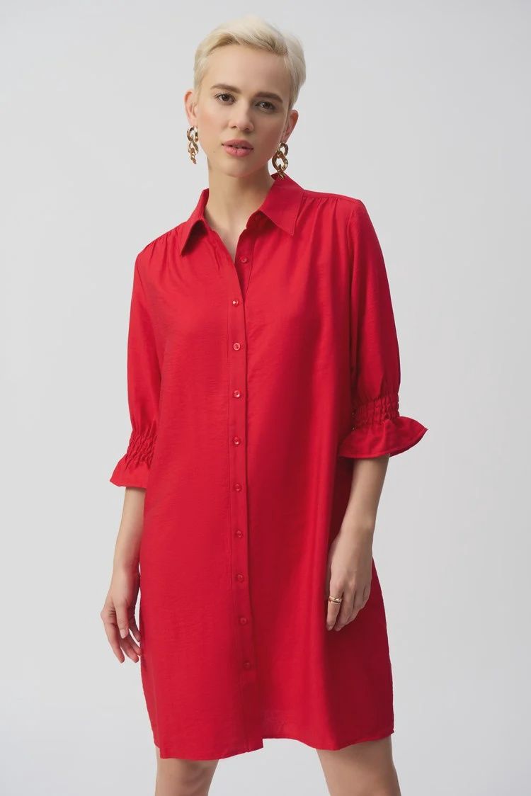 Joseph Ribkoff Radiant Red Woven Button-Front Shirt Dress