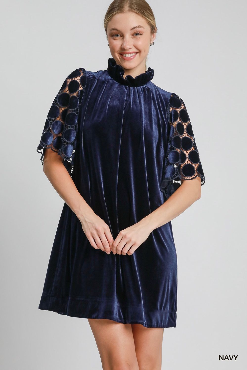 Umgee Navy Velvet High Neck Dress