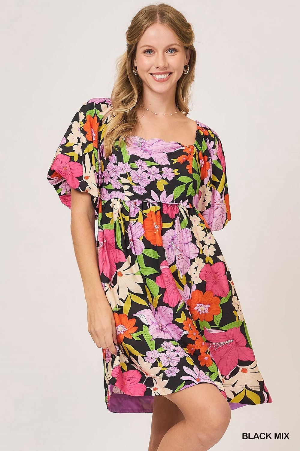 Umgee Black Mix Floral Print Dress with Scalloped Neckline