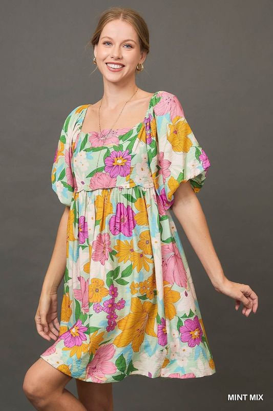 Umgee Mint Mix Floral Print Dress with Scalloped Neckline