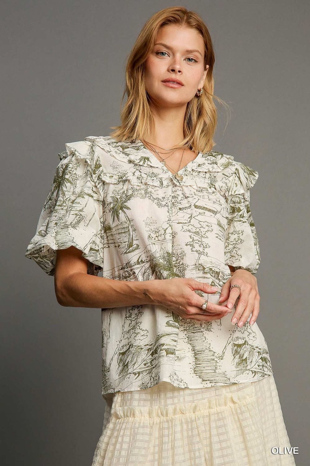 Umgee Olive Two Tone Split Neck Top