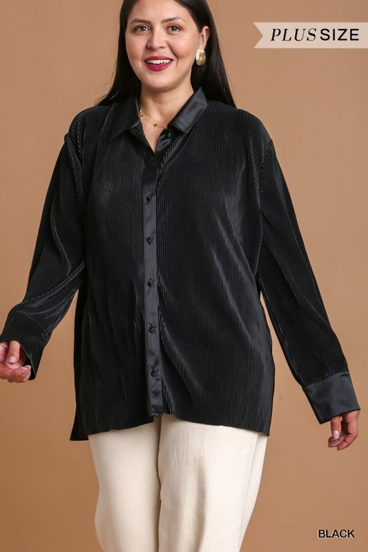 Umgee Black Pleated Satin Button Up Collared Top