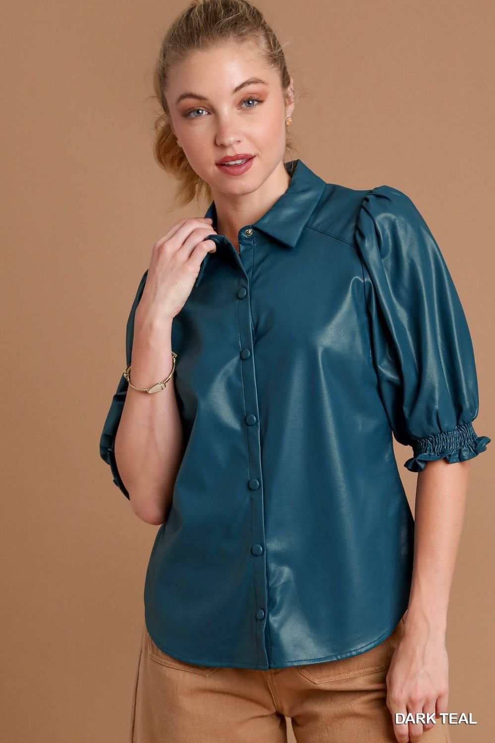 Umgee Dark Teal Puff Sleeve Faux Leather Blouse