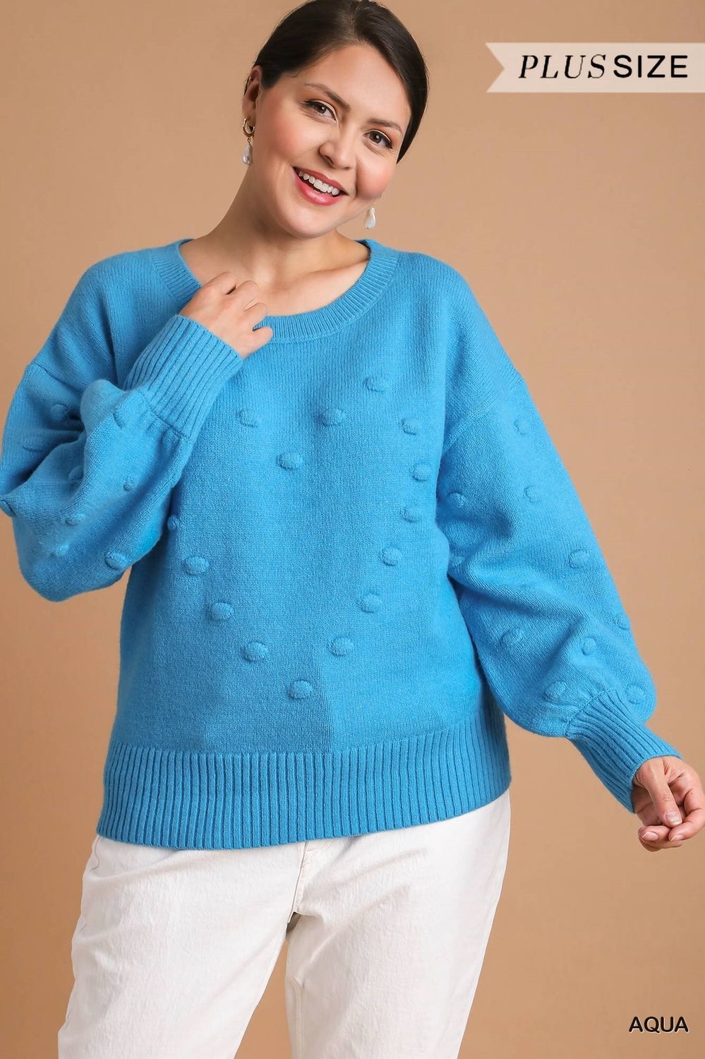 Umgee Aqua Pom Pom Knit Pullover Sweater