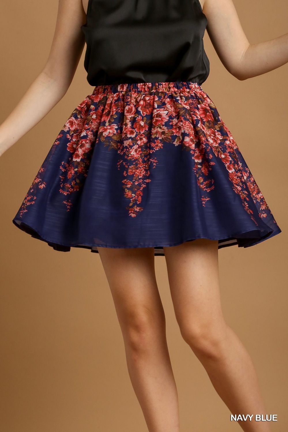 Umgee Navy Floral Print Pleated Mini Skirts with Elastic Waistband