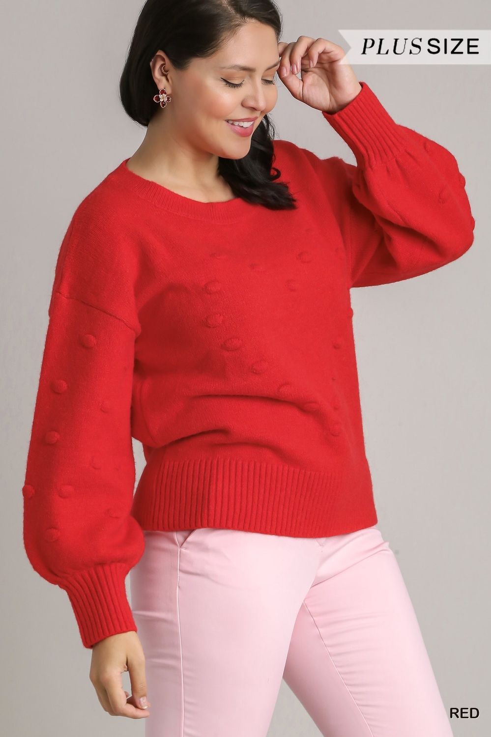 Umgee Red Pom Pom Knit Pullover Sweater