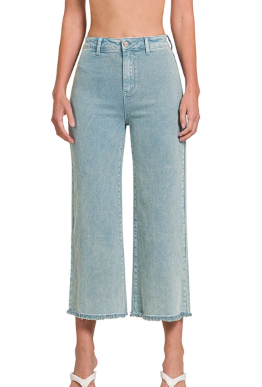 Zenana Teal High Waist Frayed Hem Straight Pants
