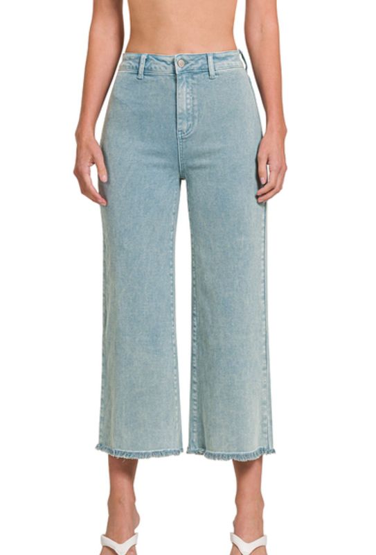 Zenana Teal High Waist Frayed Hem Straight Pants