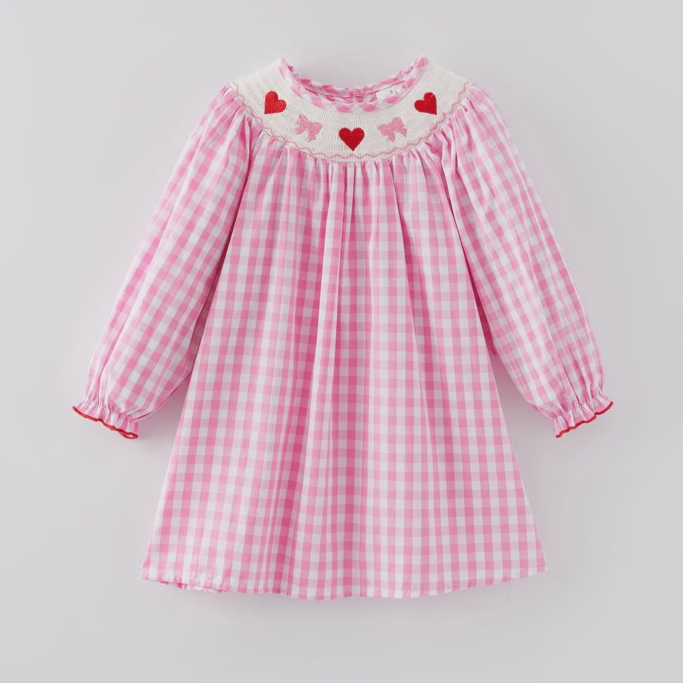 Valentine&#39;s Day Heart Bow Smocking Embroidered Pink Dress