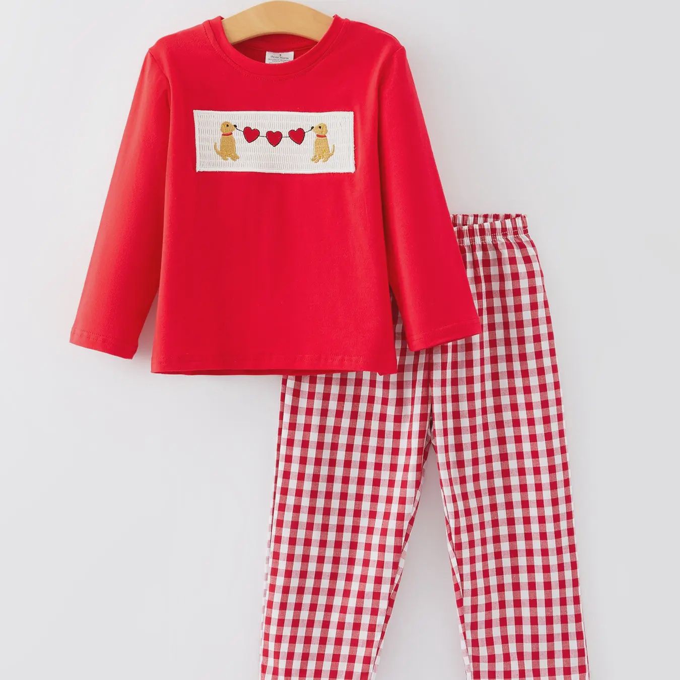 Valentine&#39;s Day Dog Heart Smocking Embroidered Boys Outfits Set