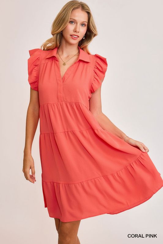 Umgee Coral Pink Flutter Sleeve Tiered Dress