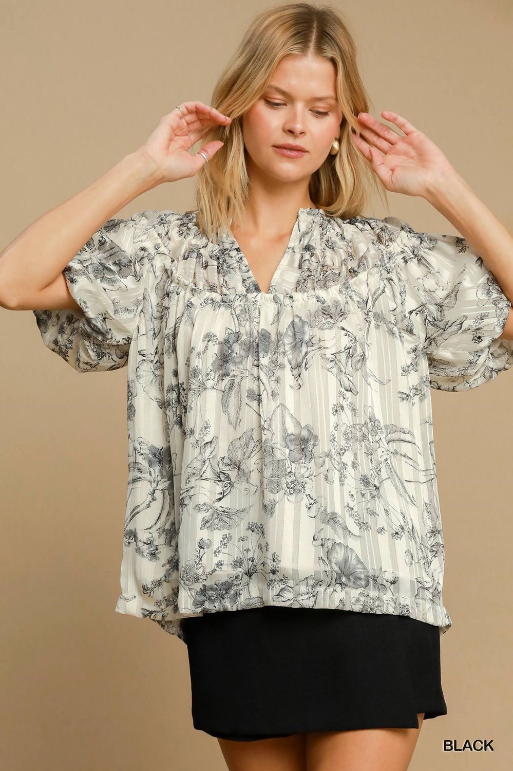 Umgee Black Floral Print Metallic Ruffle Top