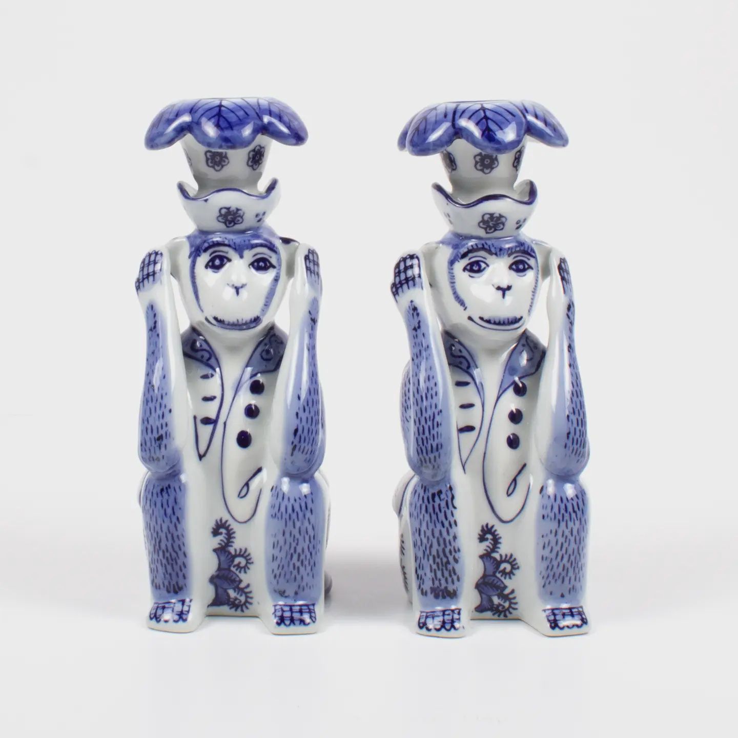 Oak Lane Blue Chinoiserie Monkey Candlestick Set