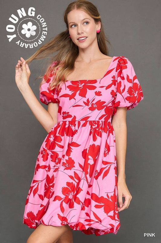 Umgee Pink Two Tone Floral Print Babydoll Dress