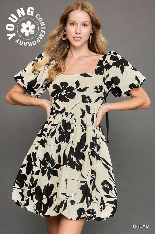 Umgee Cream Two Tone Floral Print Babydoll Dress