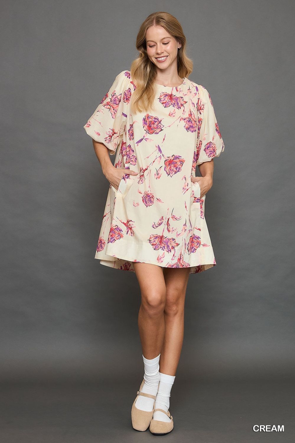 Umgee Cream Floral Print Puff Sleeve Dress