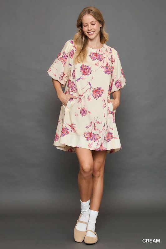 Umgee Cream Floral Print Puff Sleeve Dress