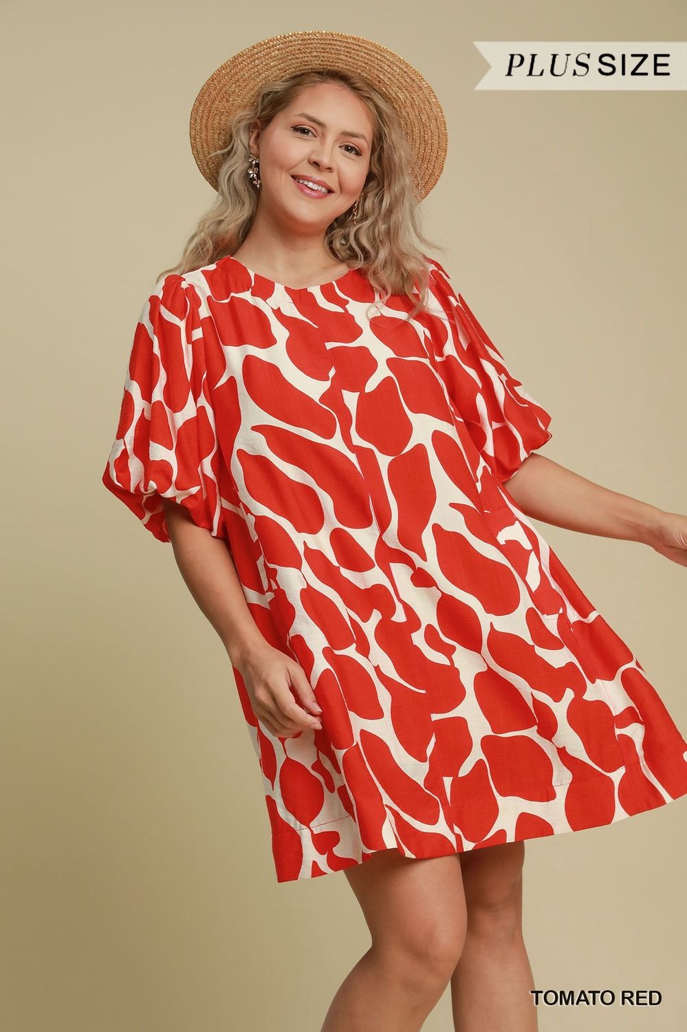 Umgee Tomato Red Two Tone Abstract Print Dress