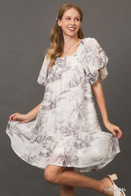 Umgee Charcoal Toile Print Dress with Puff Sleeves
