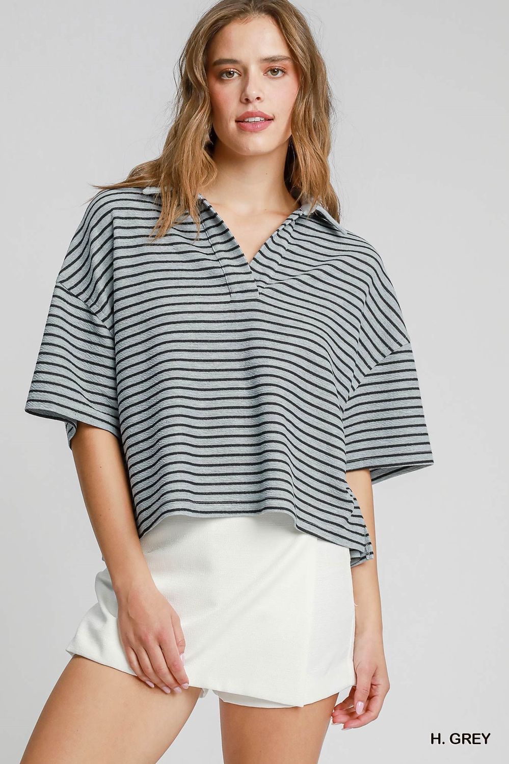 Umgee Heathered Grey Textured Striped Collared Top