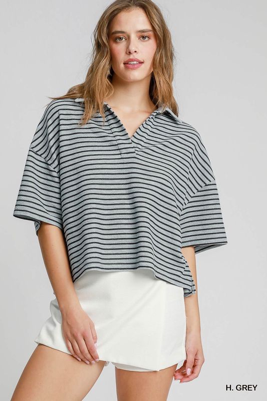 Umgee Heathered Grey Textured Striped Collared Top