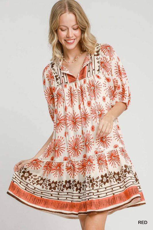 Umgee Red Mixed Border Print Dress