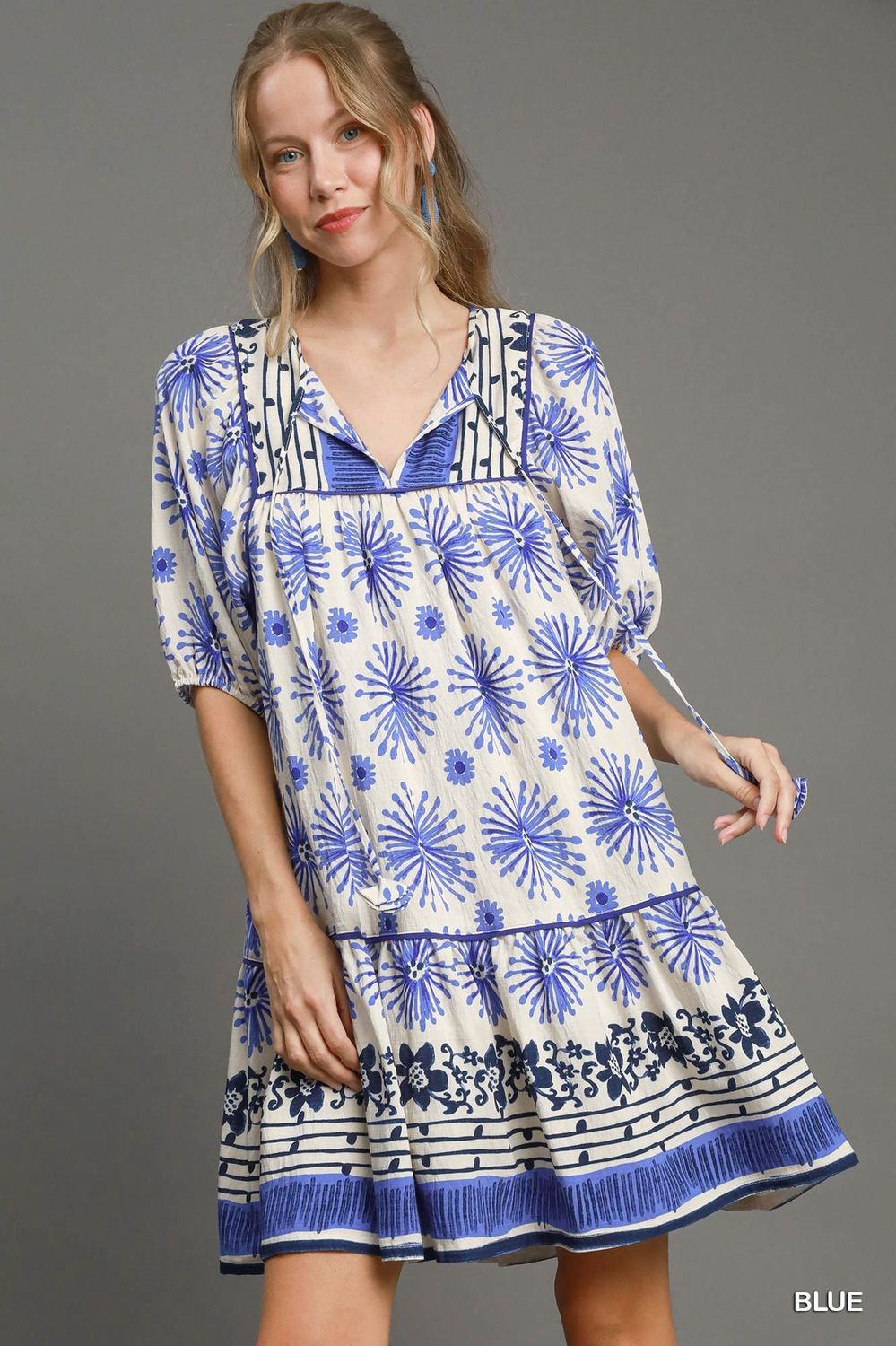 Umgee Blue Mixed Border Print Dress