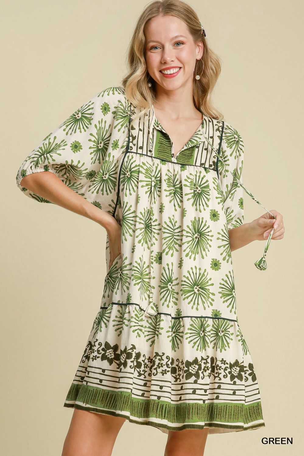 Umgee Green Mixed Border Print Dress