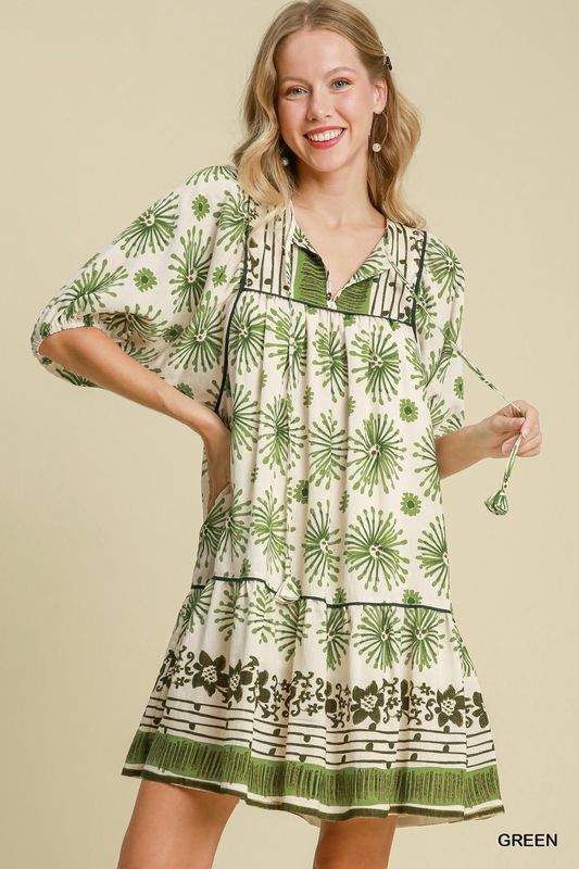 Umgee Green Mixed Border Print Dress