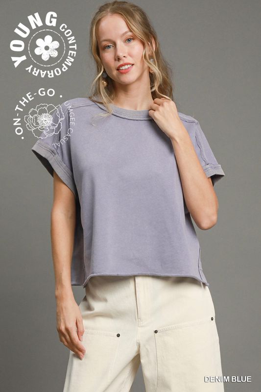 Umgee Denim Blue Mineral Washed Dolman Sleeved Crop Top