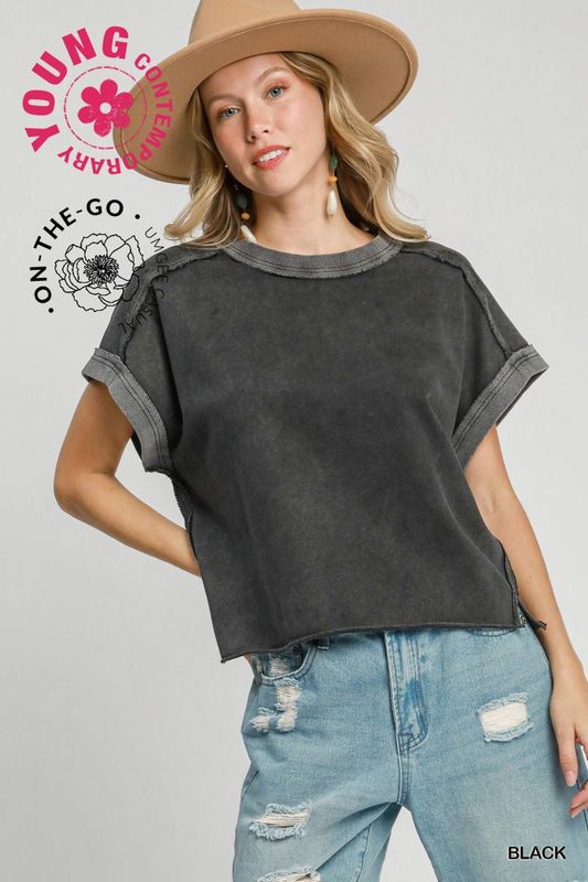 Umgee Black Mineral Washed Dolman Sleeved Crop Top