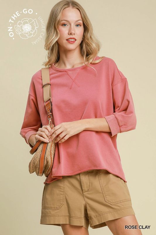 Umgee Rose Clay Mineral Washed French Terry Crewneck Sweatshirt