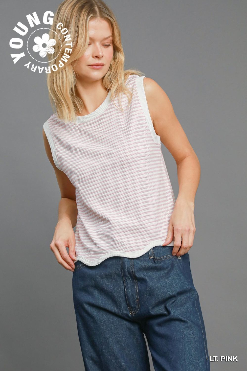 Umgee Light Pink Textured Knit Top with Scalloped Hemline