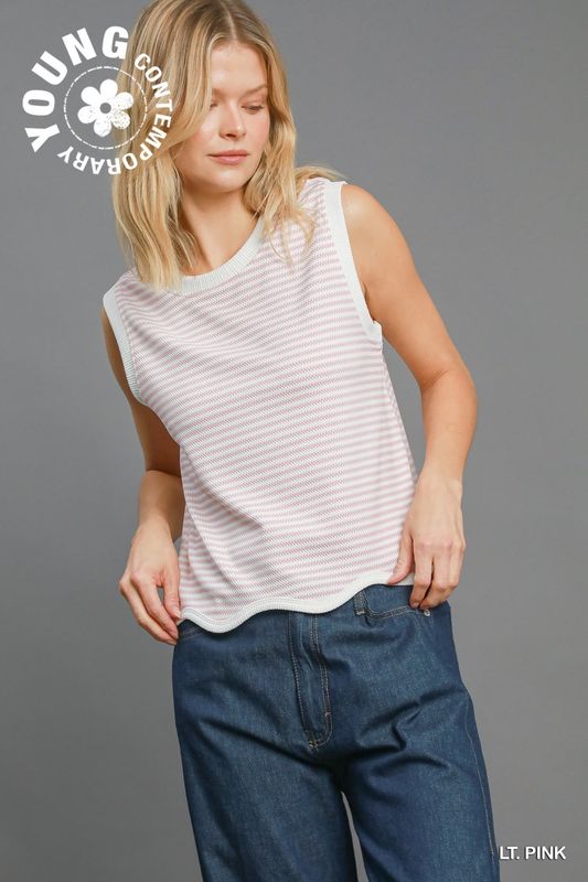 Umgee Light Pink Textured Knit Top with Scalloped Hemline
