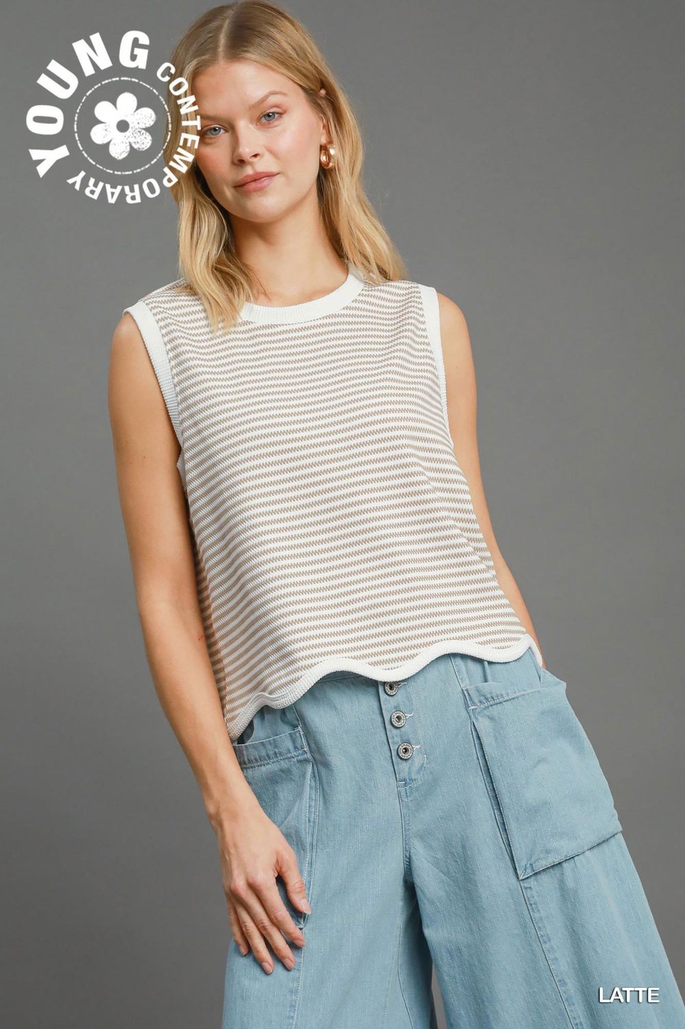 Umgee Latte Textured Knit Top with Scalloped Hemline