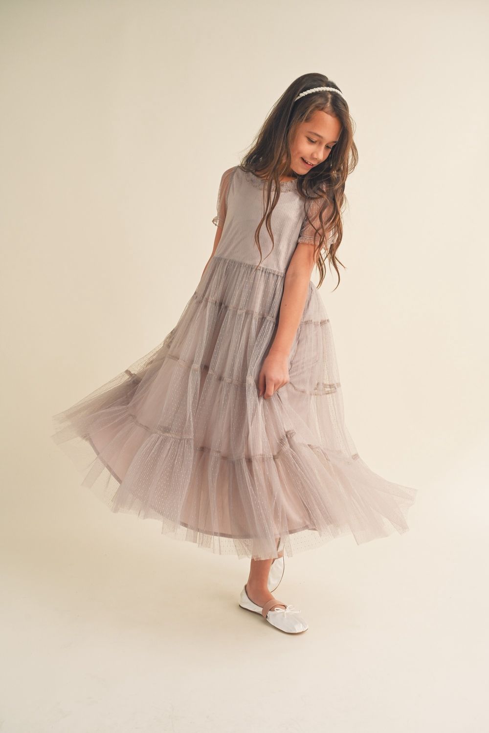 Girls Puff Sleeve Tiered Mesh Midi Dress
