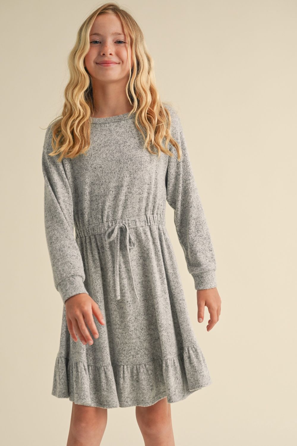 Girls Heathered Grey Hacci Long Sleeve Dress