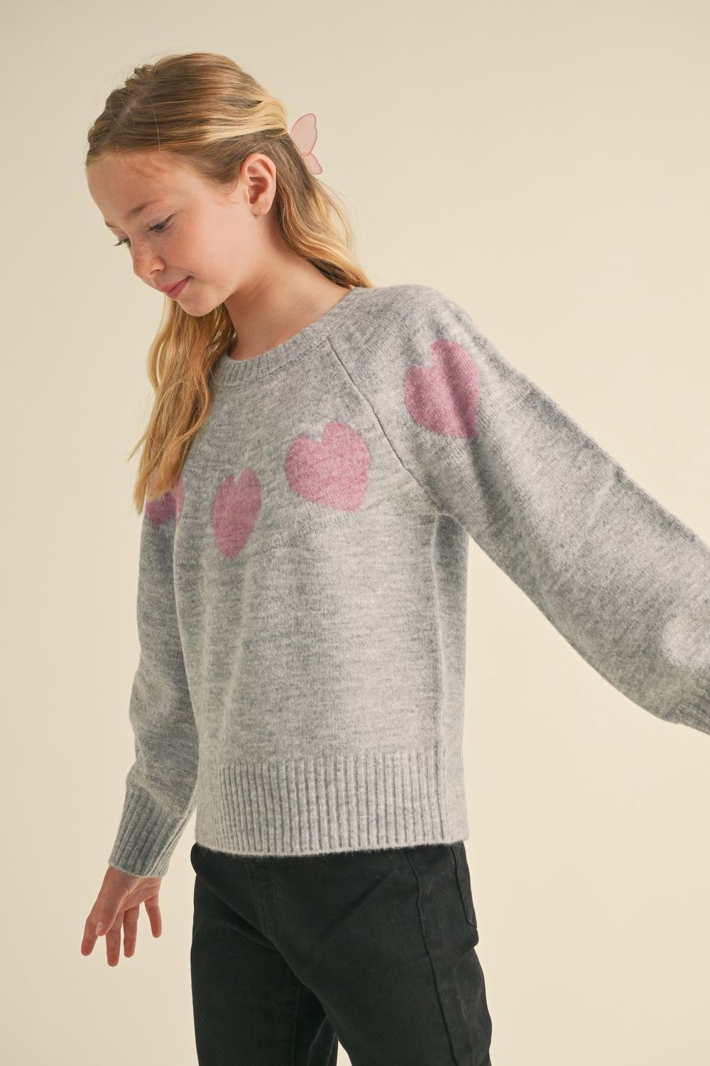 Girls Grey Mauve Heart Raglan Sweater