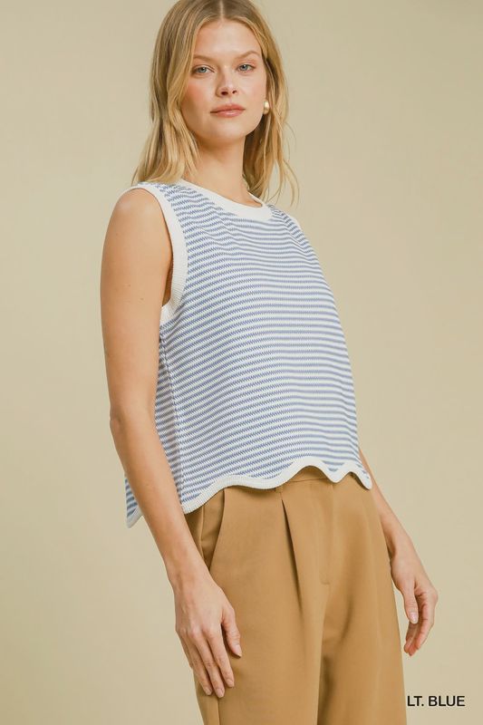 Umgee Light Blue Textured Knit Top with Scalloped Hemline