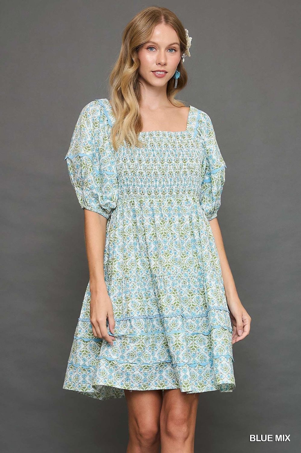 Umgee Blue Mix Floral Print Mini Dress with Puff Sleeves