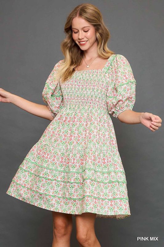 Umgee Pink Mix Floral Print Mini Dress with Puff Sleeves